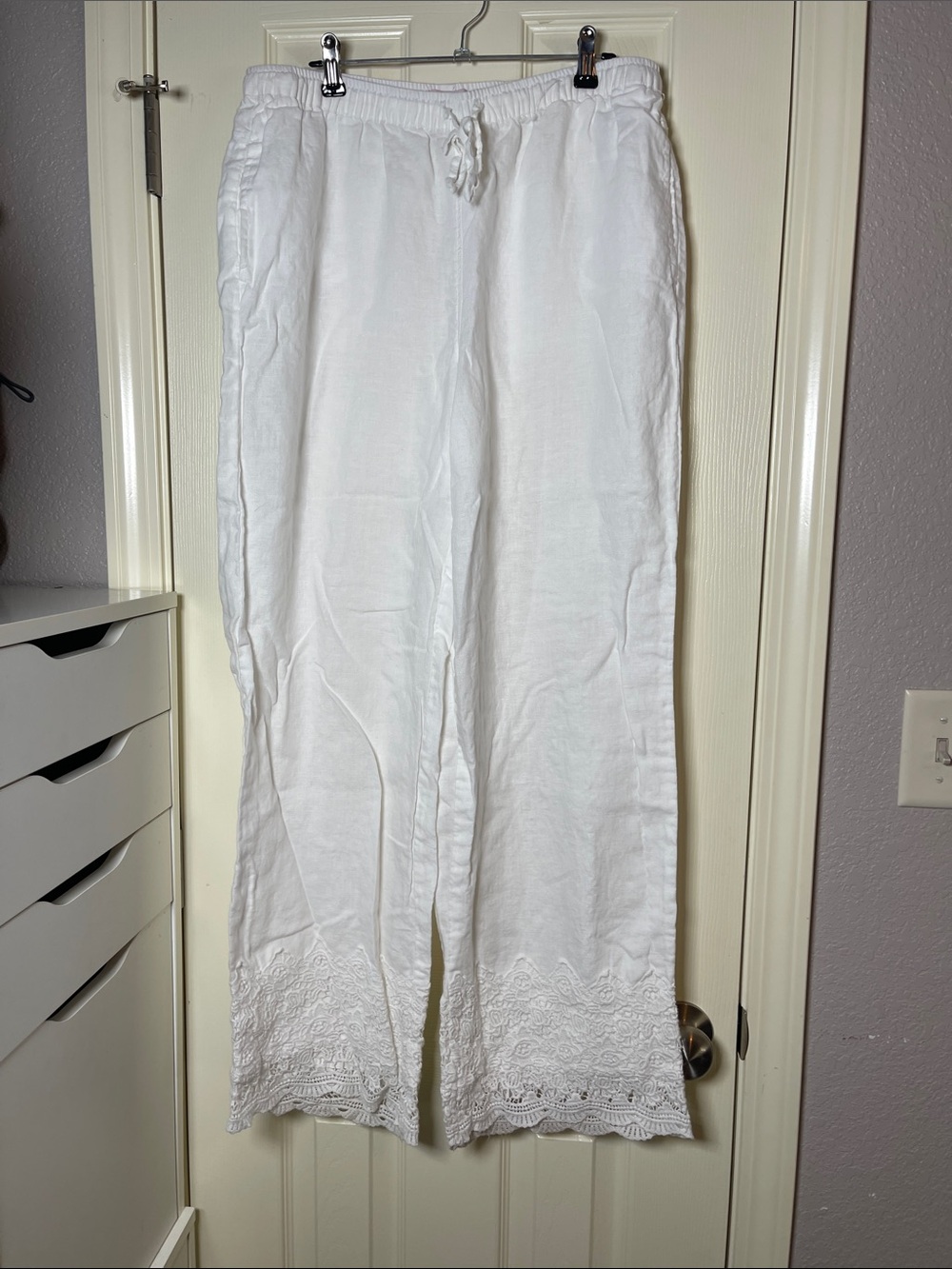 Saint Tropez West White Wide-Leg Linen Blend Pants with Drawstring and Lace Hem